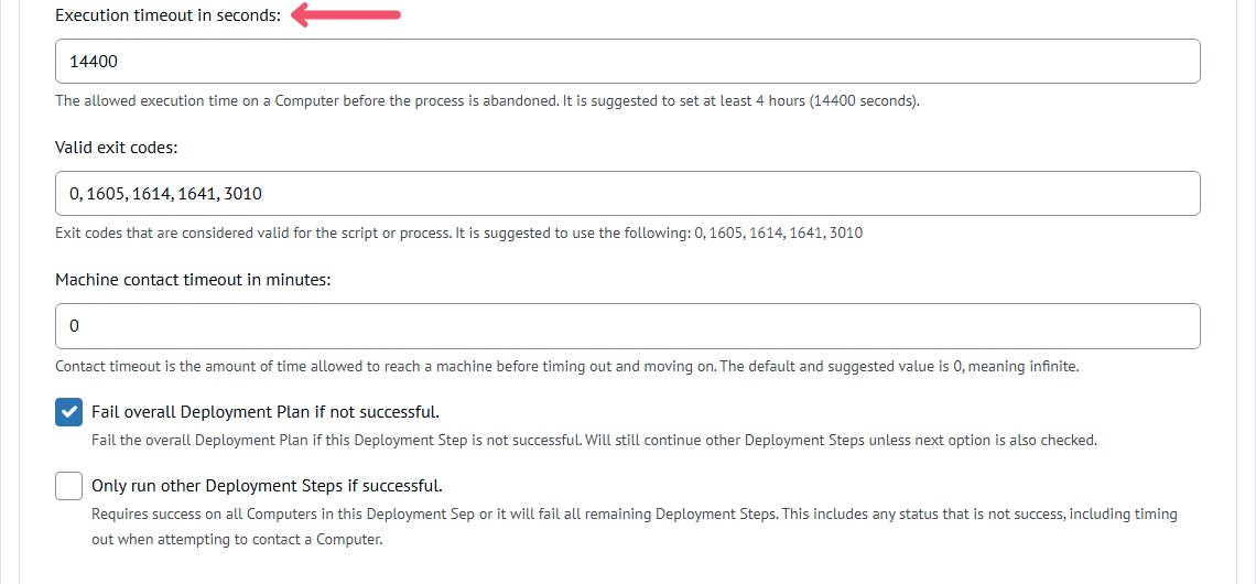 Chocolatey Central Management Deployment Step modal, arrow pointing to execution timeout in seconds