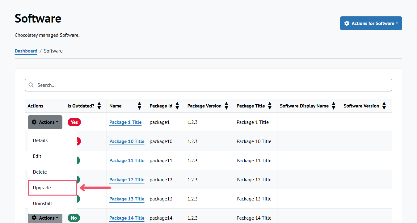 Finding the Upgrade menu entry for a specific Software entry