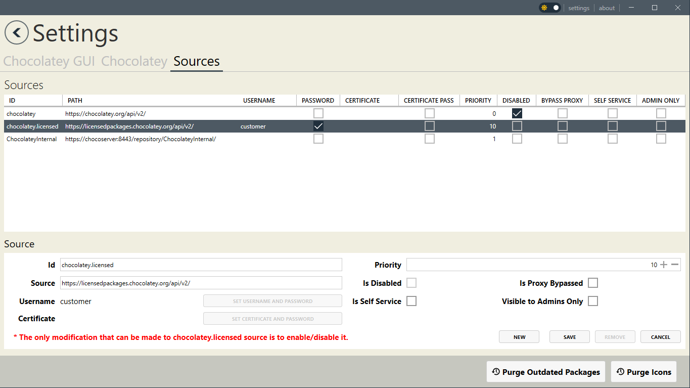 Showing the user interface when attempting to edit chocolatey.licensed source